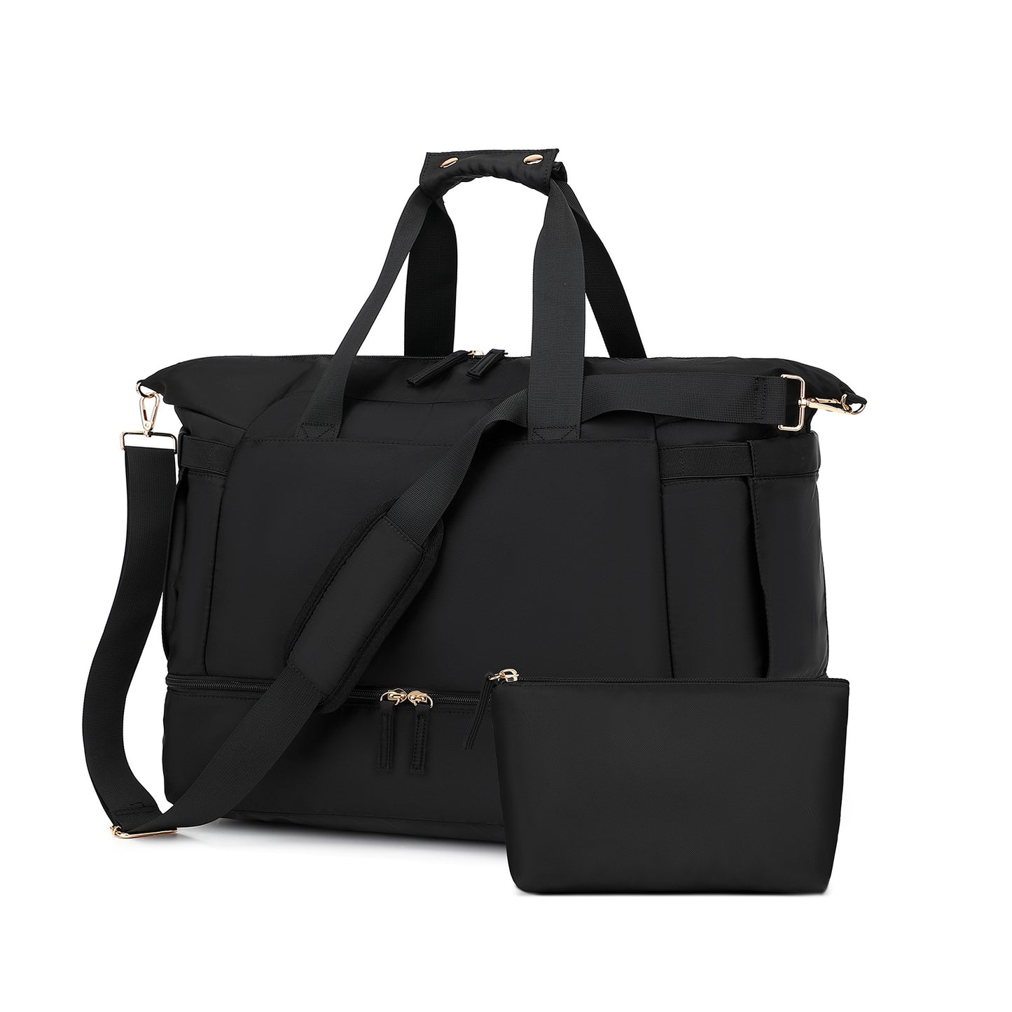 LUNIVA CARE USA black multi compartment duffel bag for gym and travel with detachable pouch