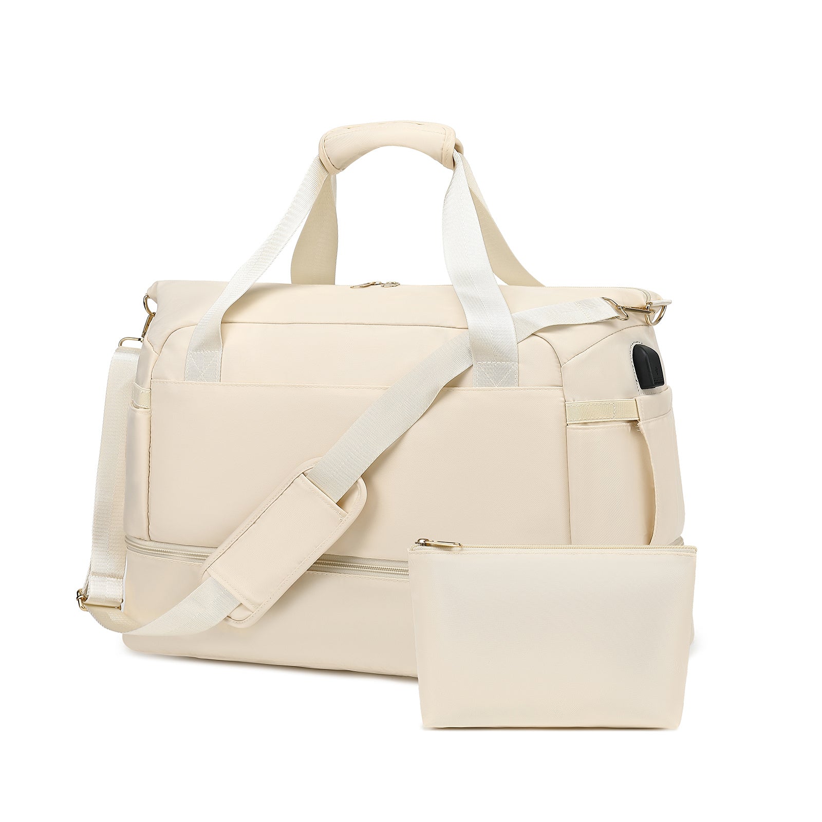 LUNIVA CARE USA beige multi compartment duffel bag for gym and travel with adjustable strap and matching pouch