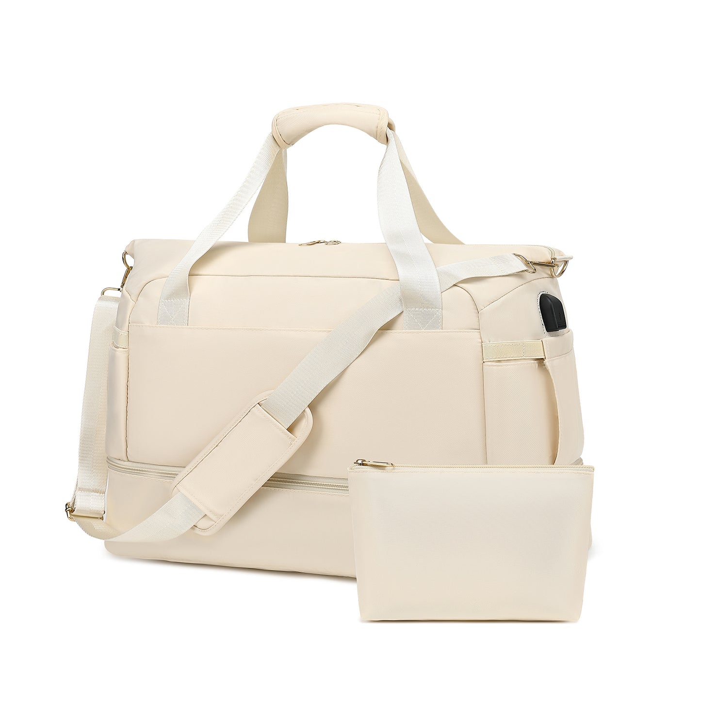 LUNIVA CARE USA beige multi compartment duffel bag for gym and travel with detachable pouch