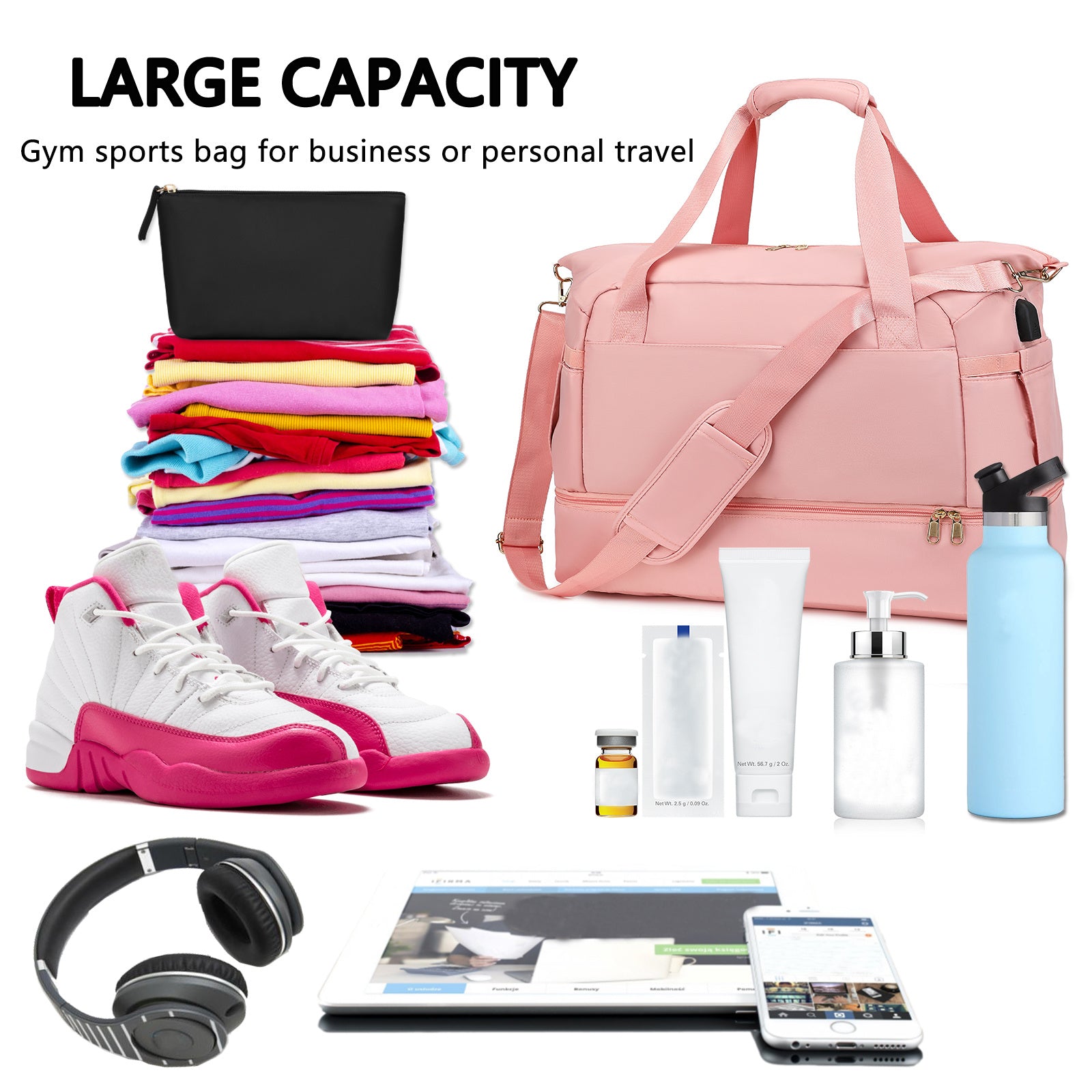 LUNIVA CARE USA pink multi compartment duffel bag for gym and travel with shoes clothes and accessories