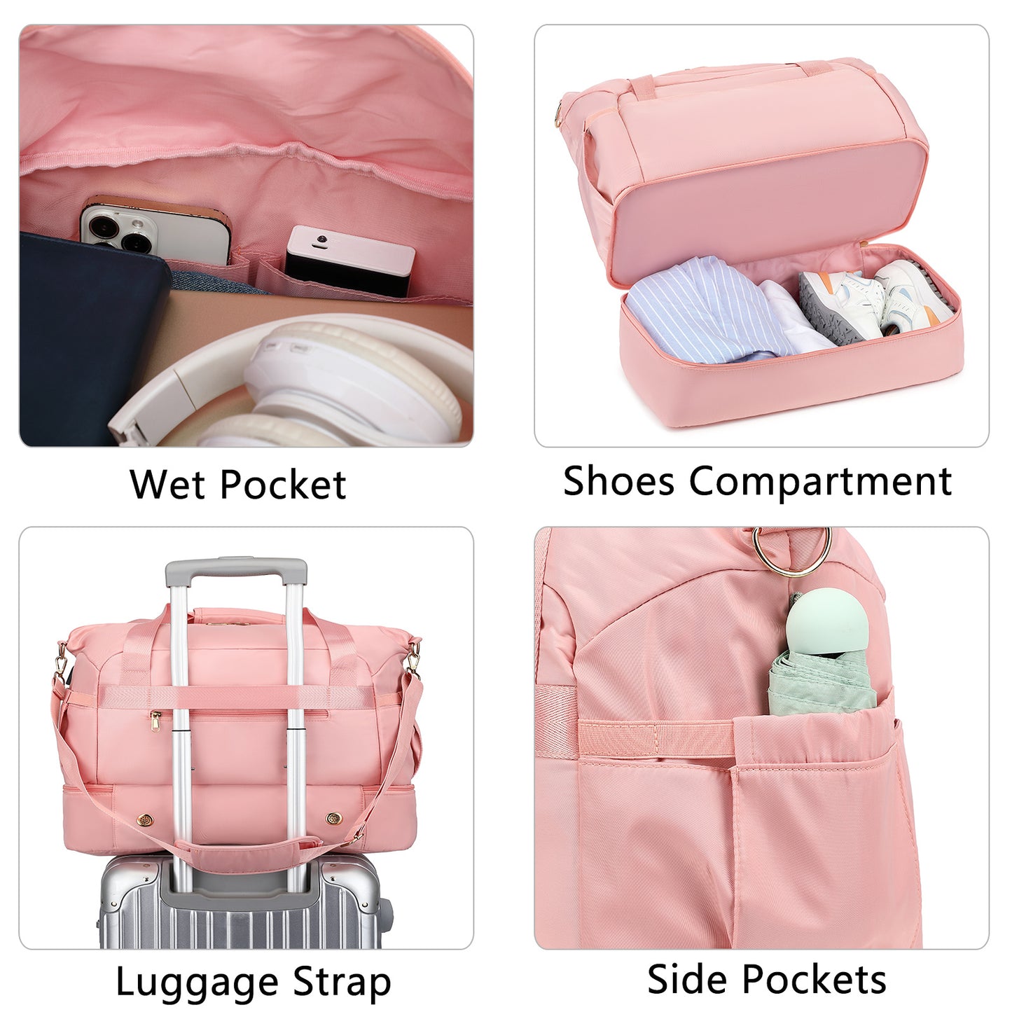 Luniva Care USA pink multi compartment duffel bag for gym and travel with wet pocket shoes compartment luggage strap and side pockets