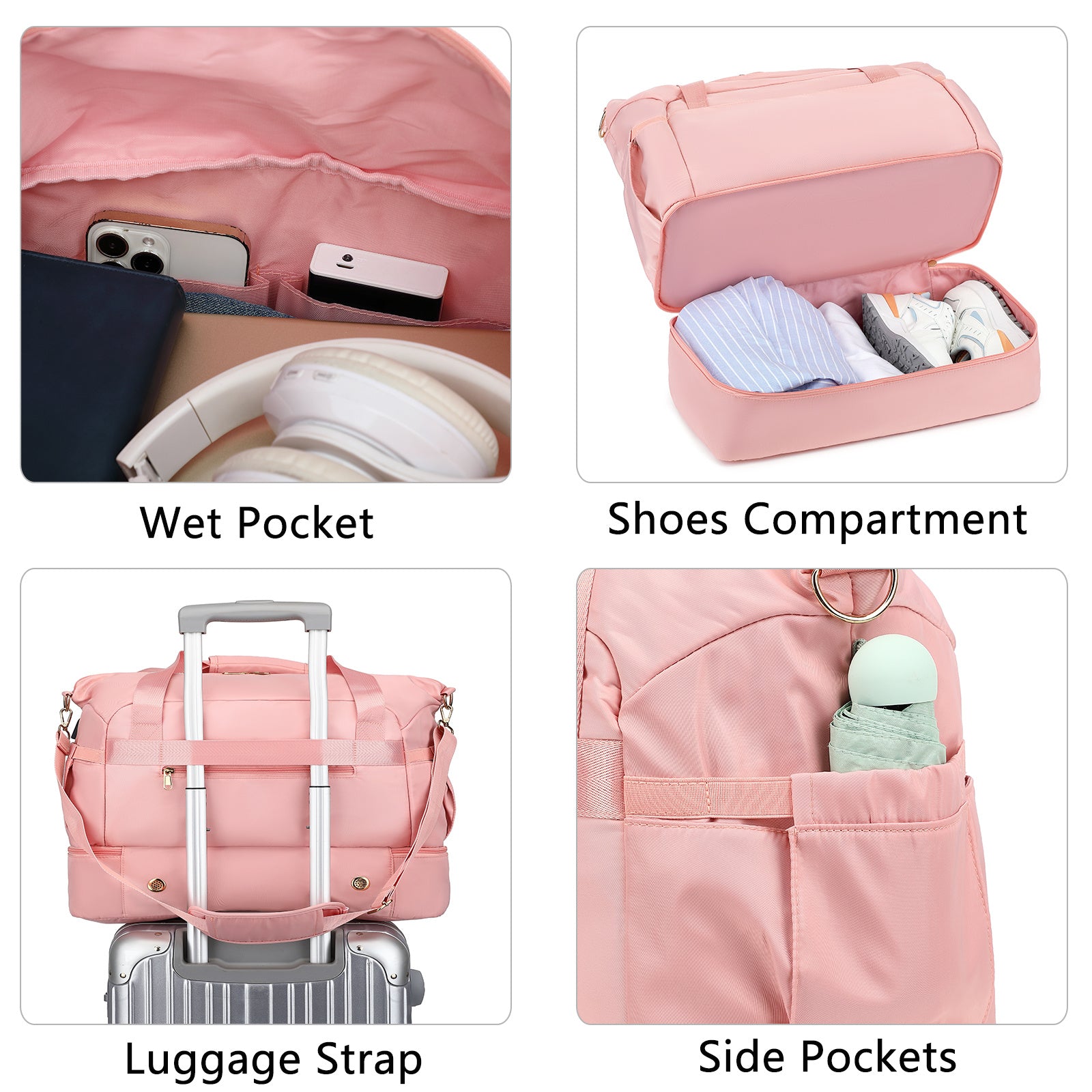 Luniva Care USA pink multi compartment duffel bag for gym and travel with wet pocket shoes compartment luggage strap and side pockets