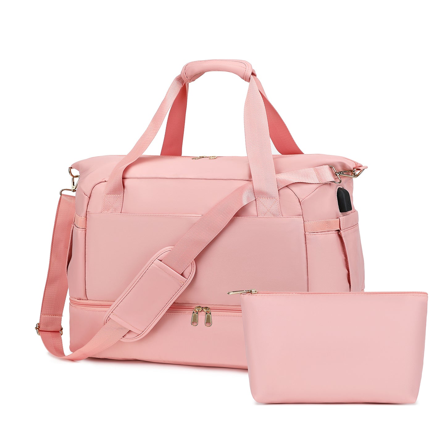 LUNIVA CARE USA pink multi compartment duffel bag for gym and travel with matching pouch