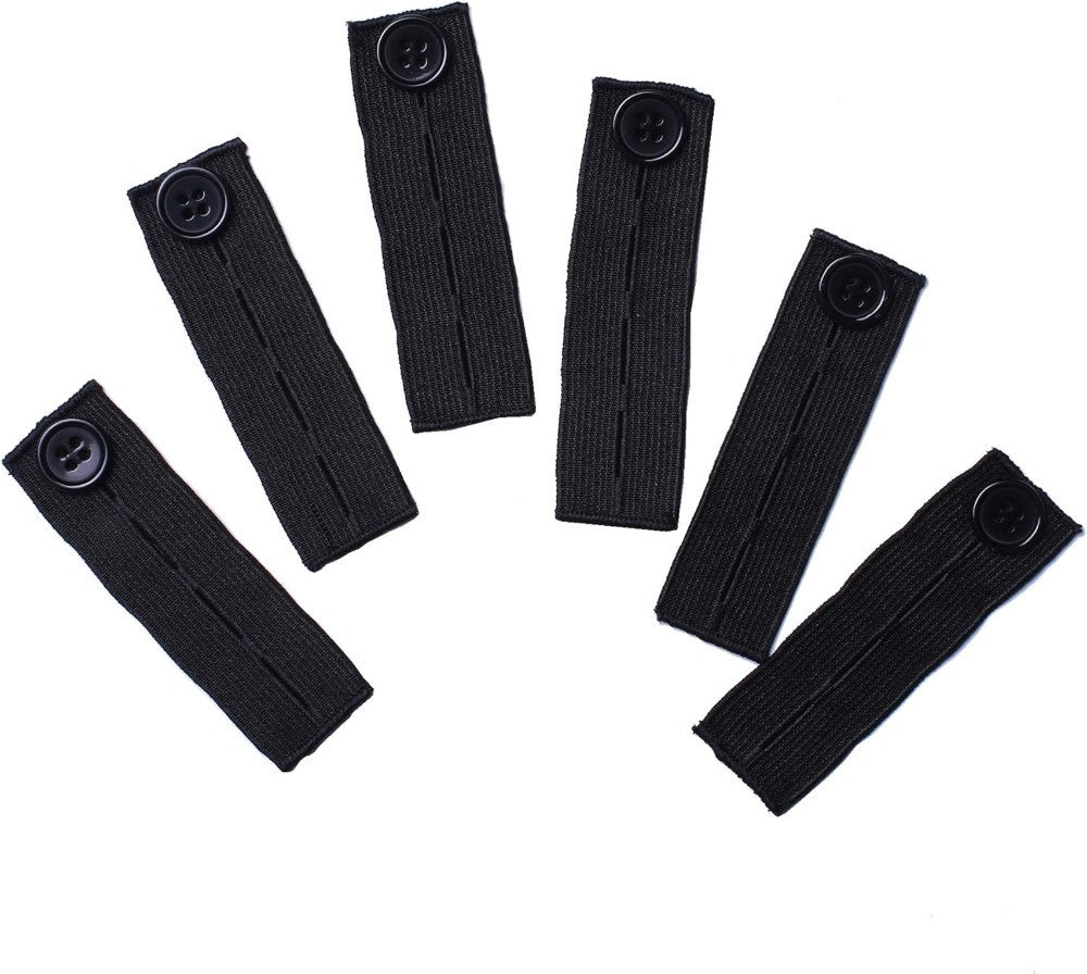 Set of six black adjustable belt extension buckles with buttons for comfortable sizing