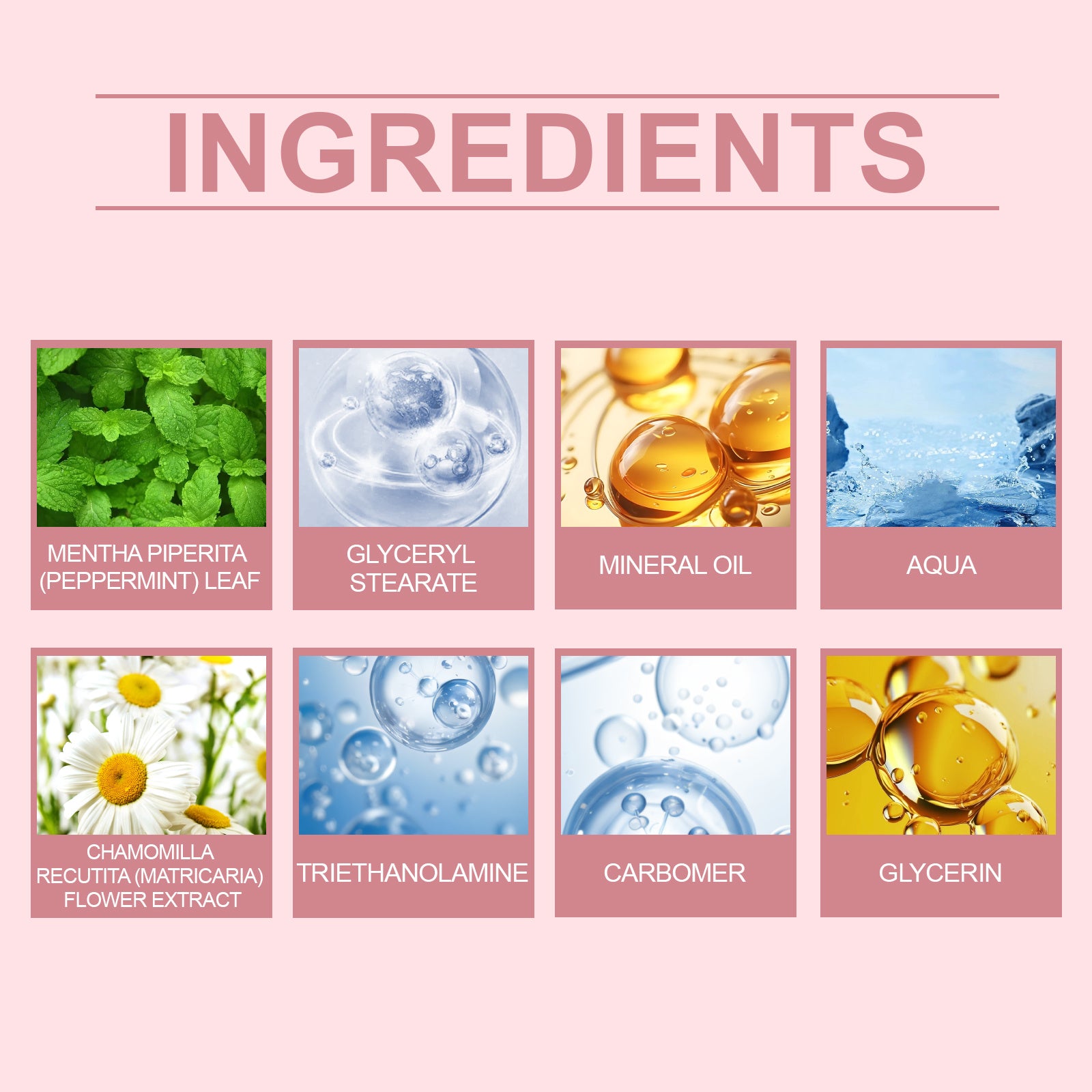 Ingredients of gentle hydrating body lotion by LUNIVA CARE USA including peppermint leaf, glycerin, mineral oil, and chamomile extract