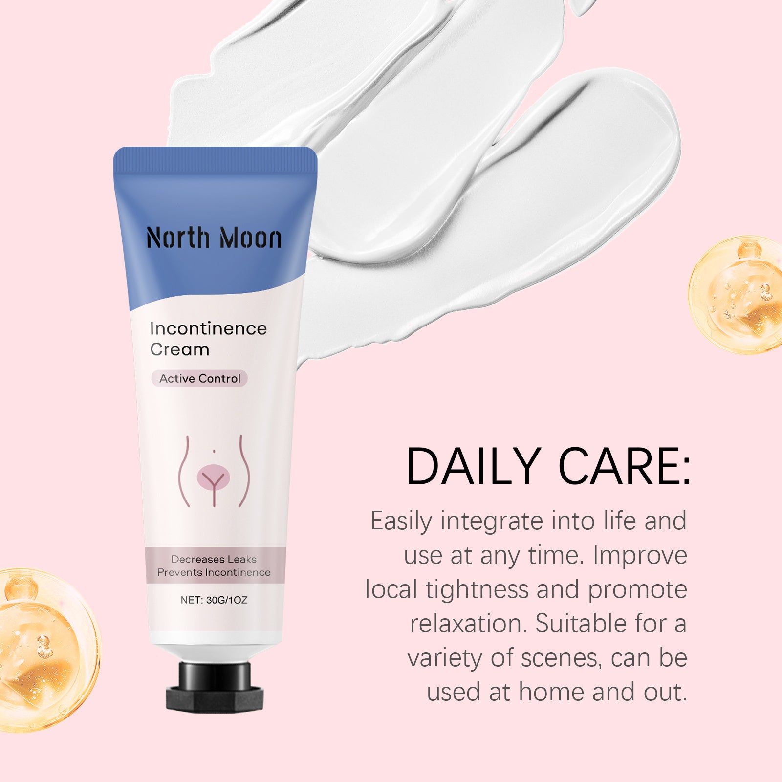 North Moon incontinence cream tube on pink background with cream texture for gentle hydrating body lotion
