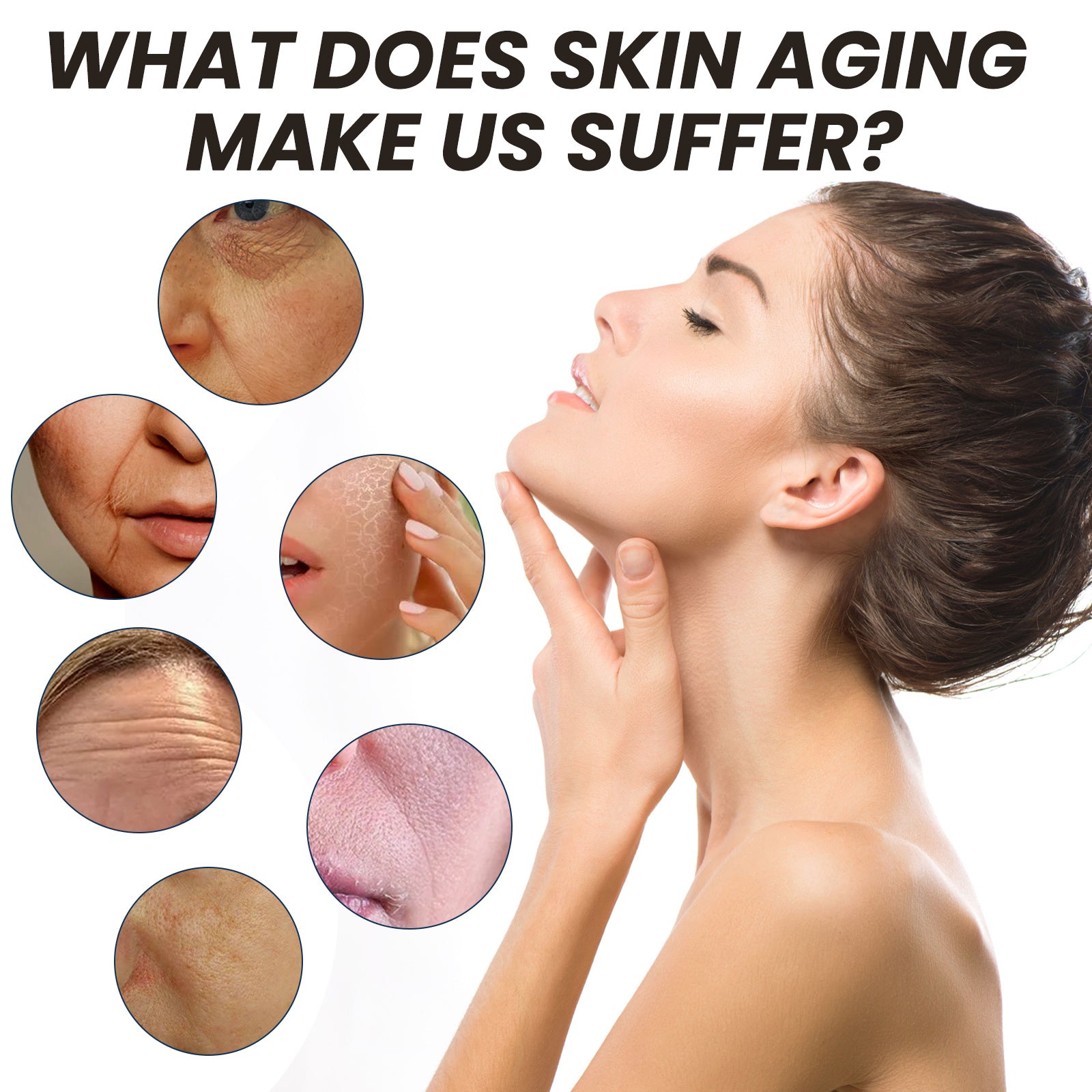 Young woman touching her face next to images of aging skin issues showcasing the best anti-aging moisturizer for women
