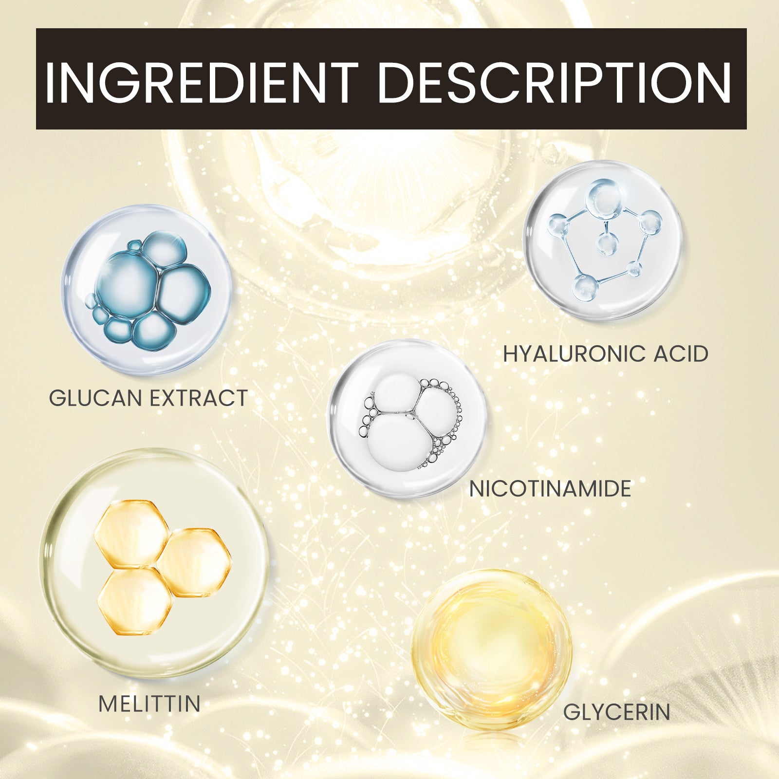 Ingredient description of best anti-aging moisturizer for women showing glucan extract hyaluronic acid nicotinamide melittin and glycerin