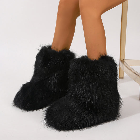 Black furry personalized winter boots for women with plush soft exterior and cozy fit