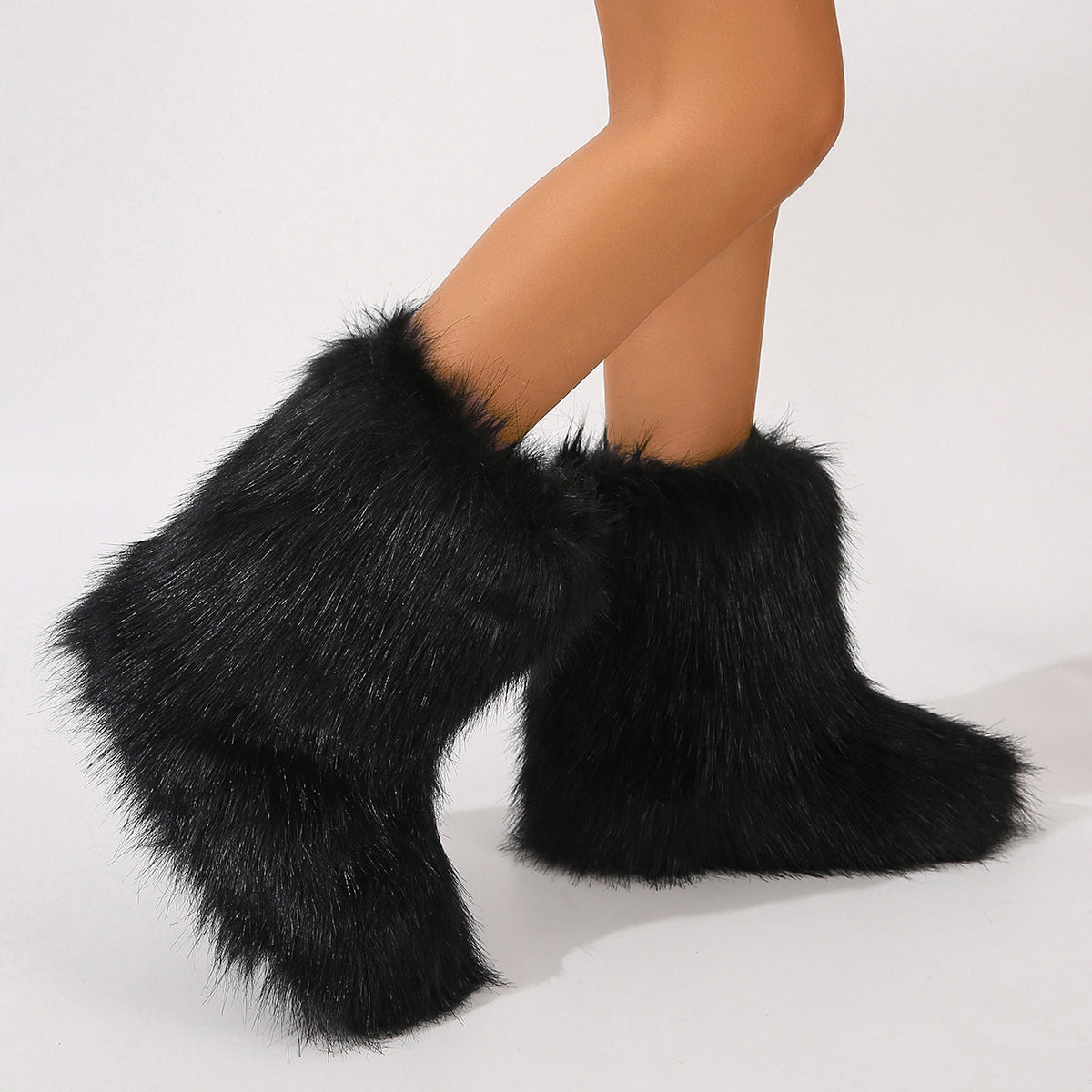 Black furry personalized winter boots for women with soft plush texture
