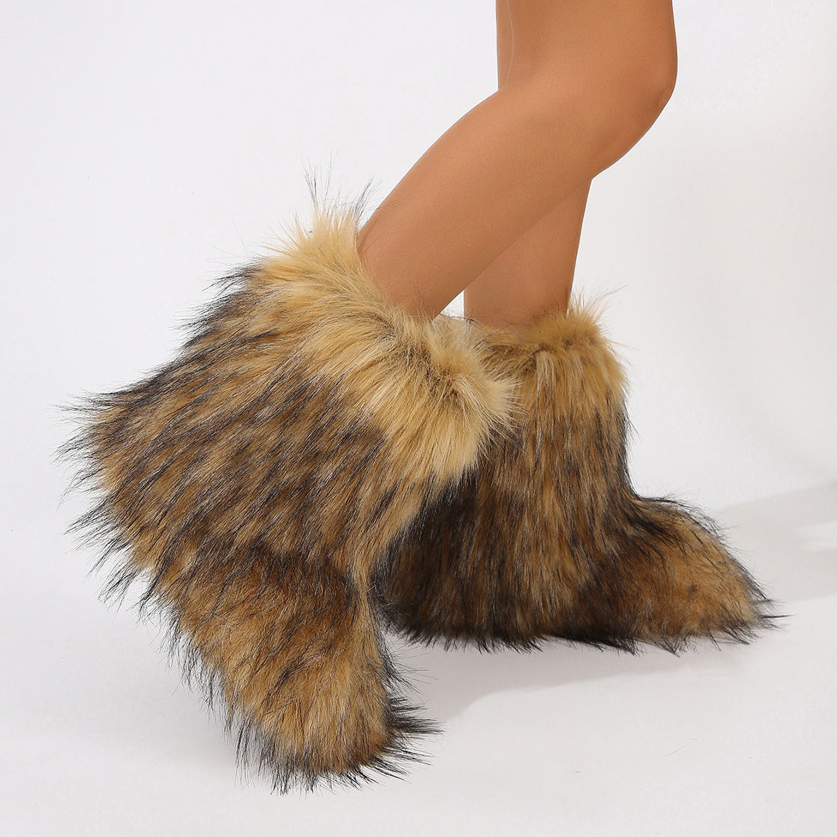 Faux fur personalized winter boots for women with brown and black leopard print design
