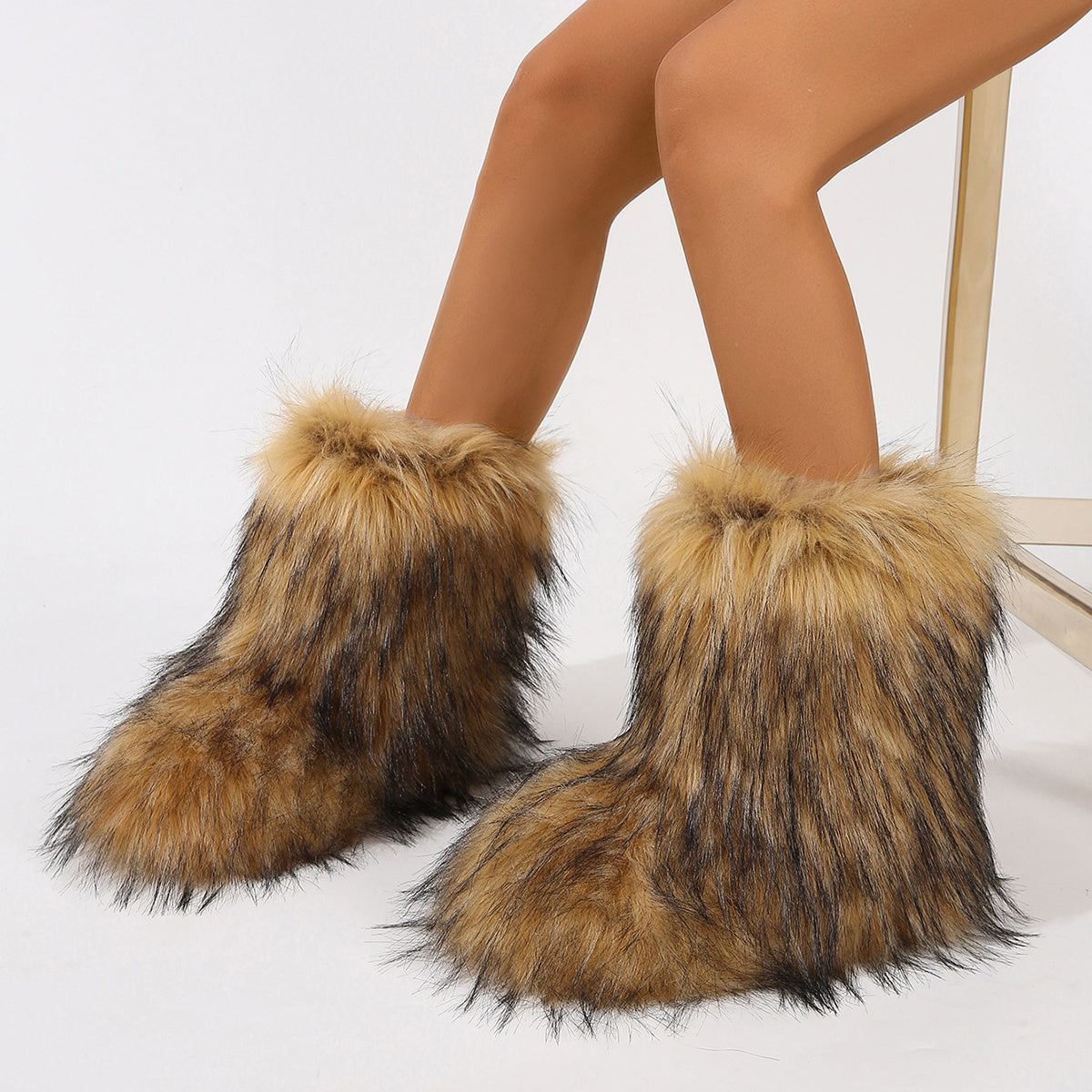 Brown furry personalized winter boots for women with thick soft faux fur covering full foot