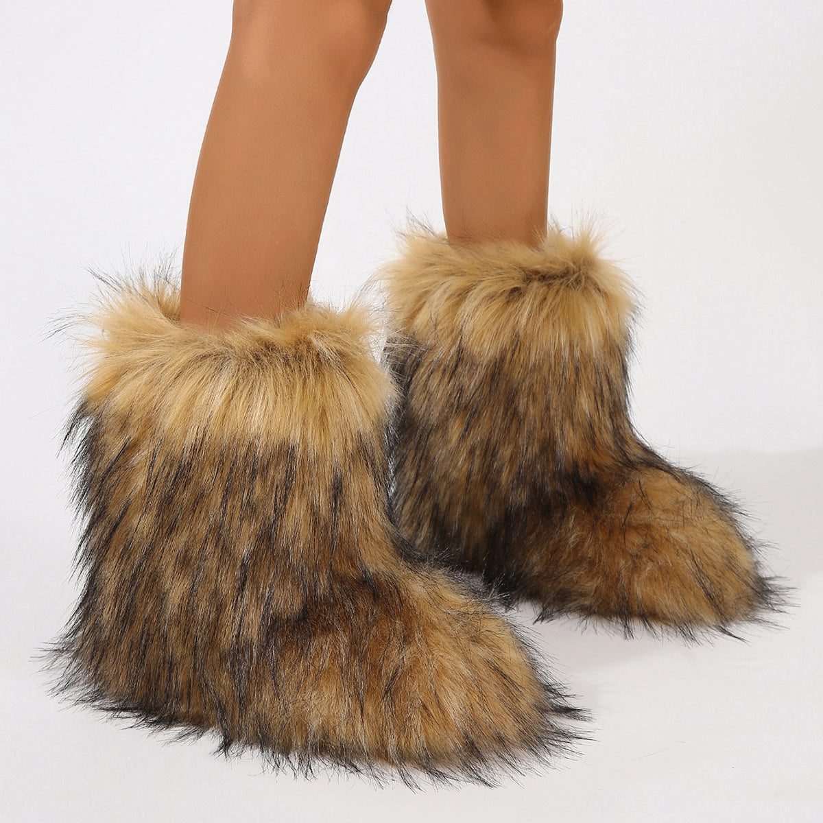 Faux fur personalized winter boots for women in brown and black tones with soft plush lining