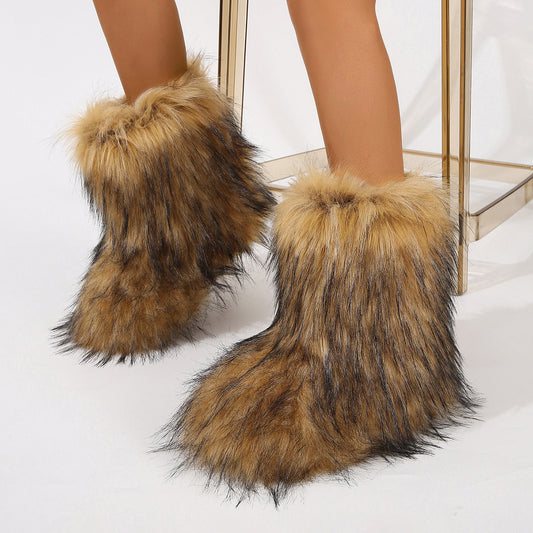 Brown furry personalized winter boots for women with plush faux fur design