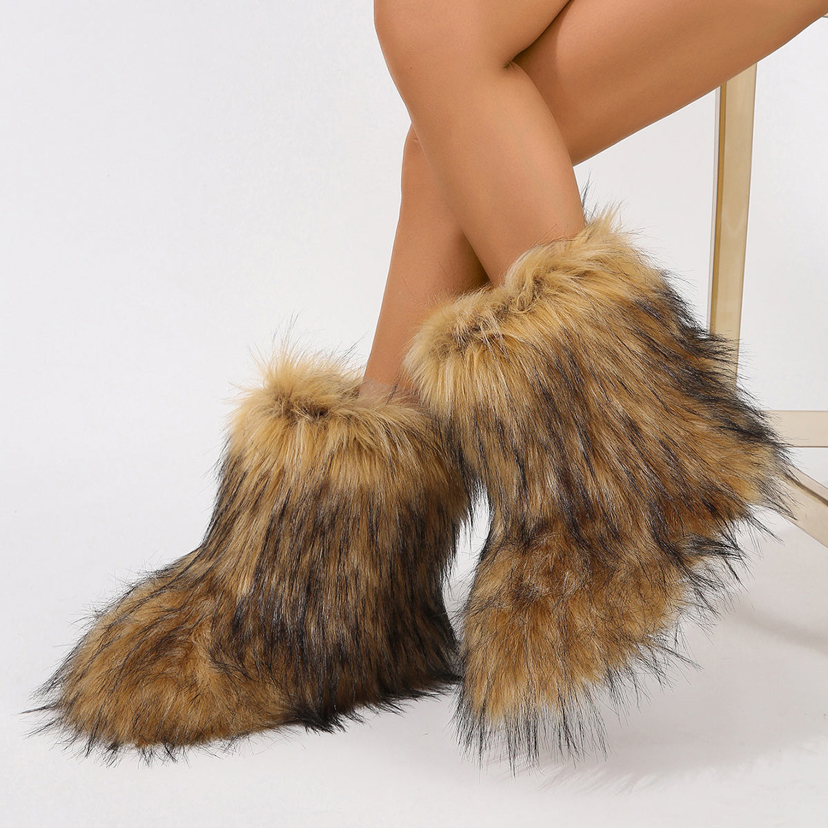 Faux fur personalized winter boots for women in brown and black shades with plush texture