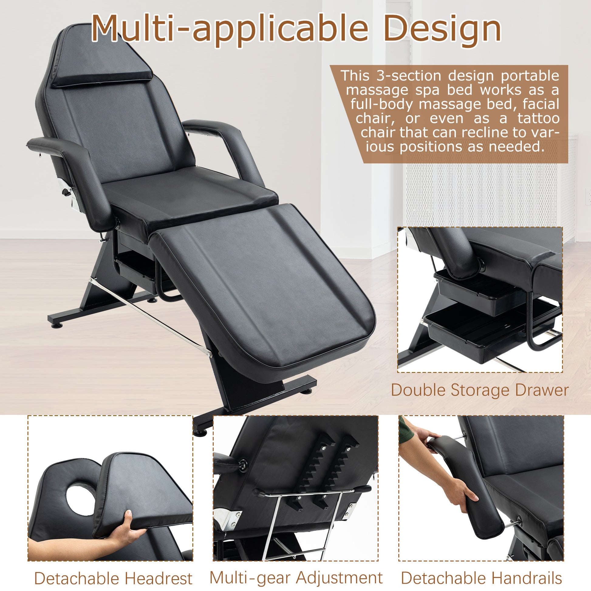 LUNIVA CARE USA professional massage tattoo chair black with detachable headrest handrails and multi-gear adjustment