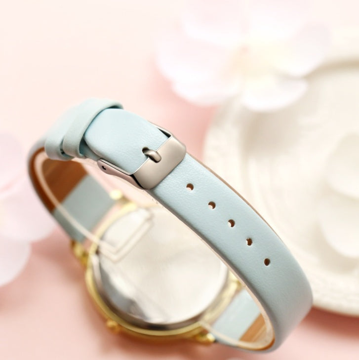LUNIVA CARE USA rose gold quartz watch for women with light blue leather strap and buckle