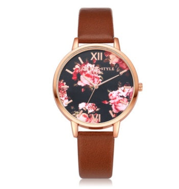 LUNIVA CARE USA rose gold quartz watch for women with floral dial and brown leather strap