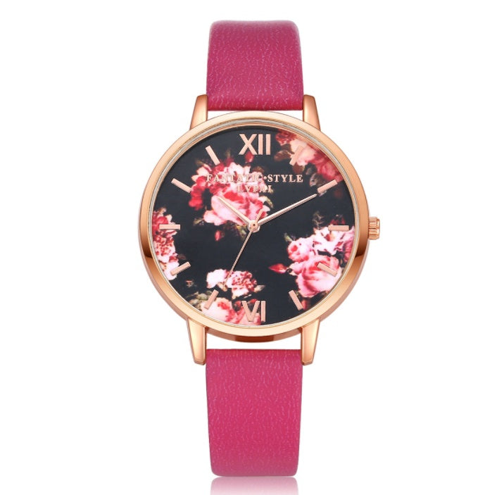 LUNIVA CARE USA rose gold quartz watch for women with floral dial and pink leather strap