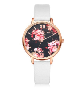 LUNIVA CARE USA rose gold quartz watch for women with floral dial and white leather strap
