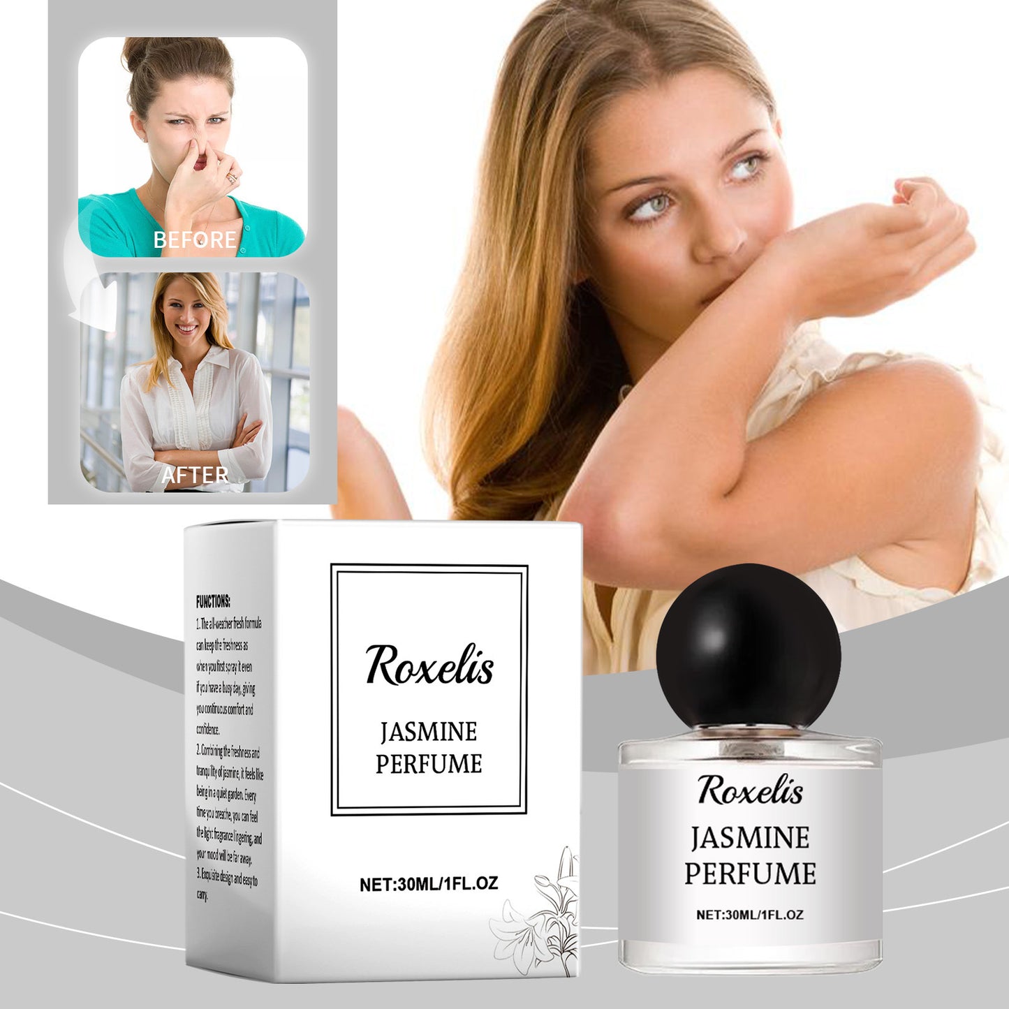 Luniva Care USA Roxelis Jasmine Perfume 30ml bottle and box with long-lasting floral fragrance illustration