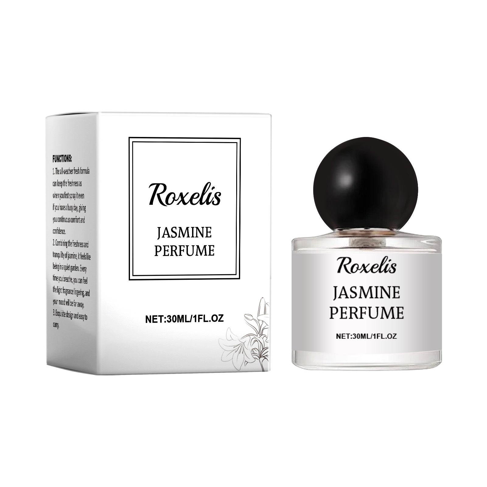 Luniva Care USA Roxelis Jasmine Perfume bottle and box with long-lasting floral fragrance for women