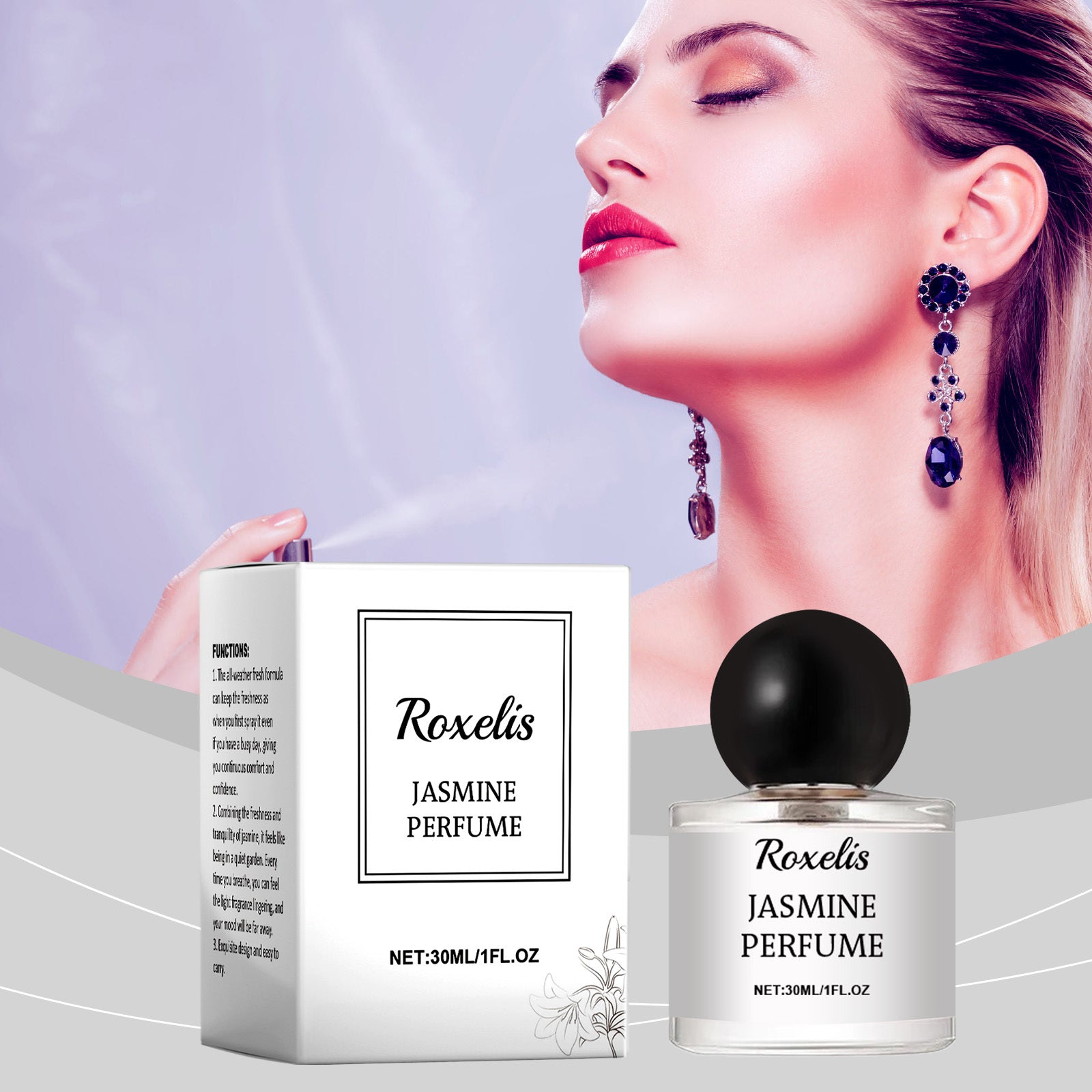 Luniva Care USA Roxelis Jasmine Perfume bottle and box with long lasting floral fragrance for women
