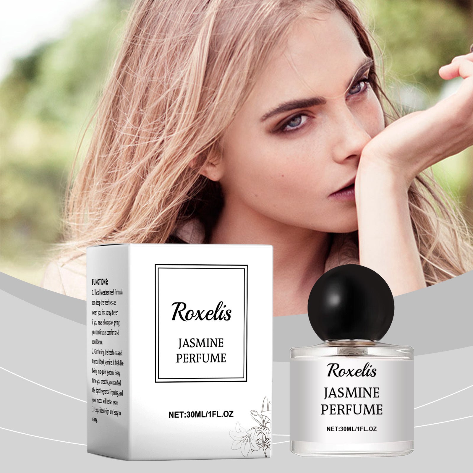Luniva Care USA Roxelis Jasmine Perfume with long-lasting floral fragrance in a 30ml clear bottle