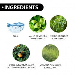 Natural ingredients including citrus, vetiveria, malus domestica, cedar bark in natural scent men's perfume