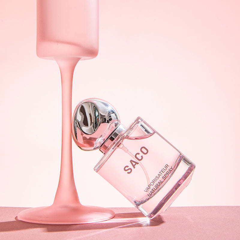 Luniva Care USA luxury self-care perfume SACO unisex long-lasting fragrance bottle with pink and silver design