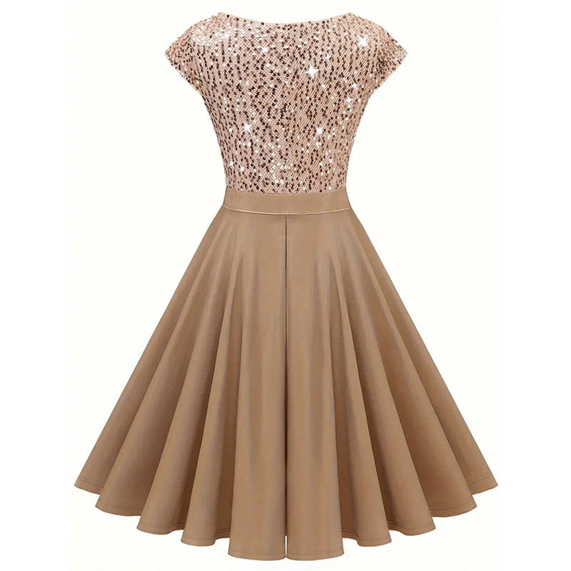 Beige sequin evening cocktail dress for women with short sleeves and flared skirt