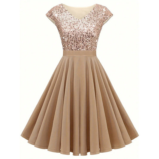 Elegant sequin evening cocktail dress for women with cap sleeves and flared skirt in beige