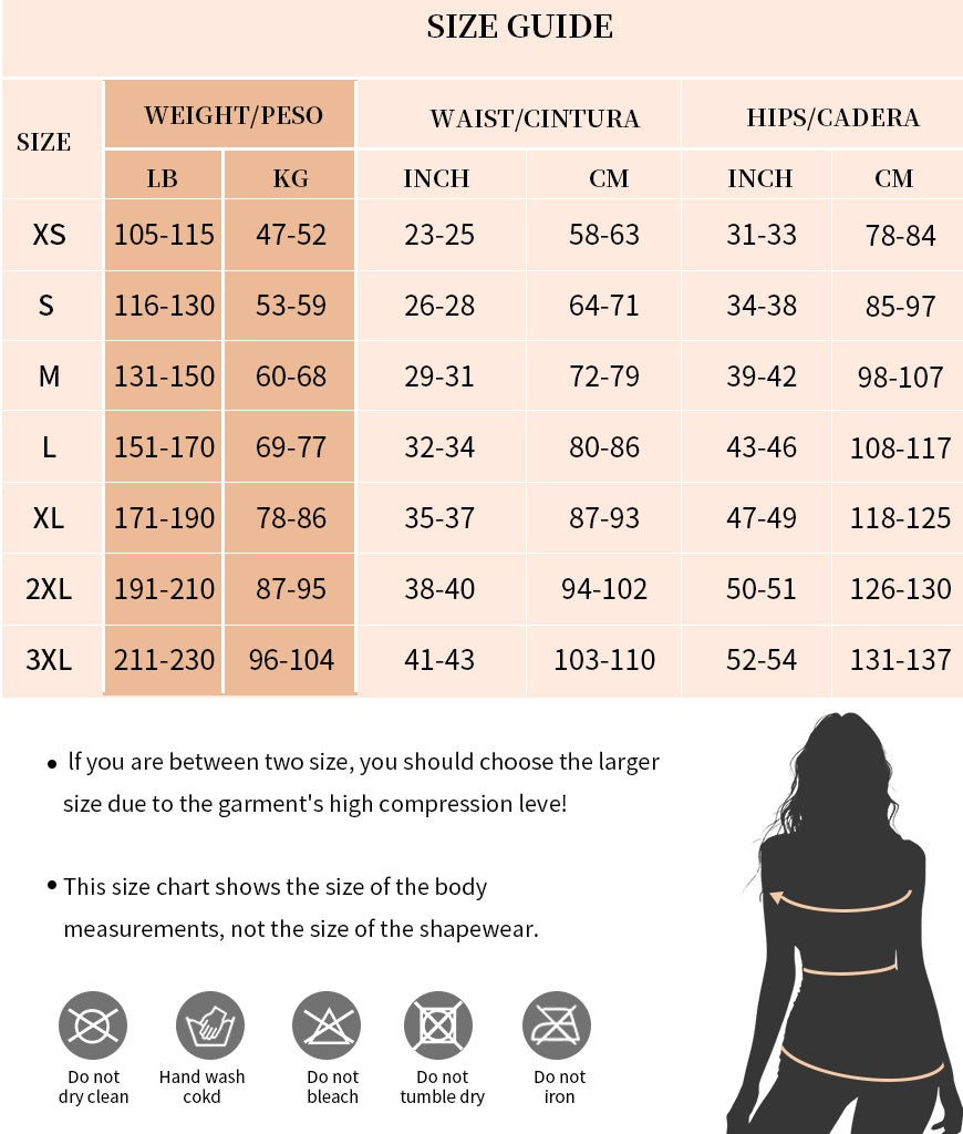 Size guide chart for women's tummy control body shaper detailing weight, waist, and hips measurements with care instructions