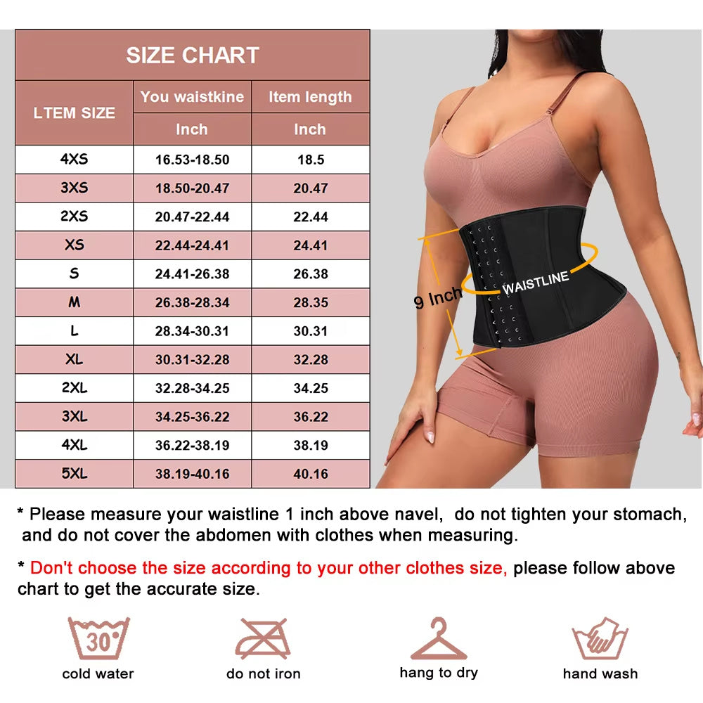 Short torso waist trainer for women in black worn over pink workout outfit with size chart and care instructions