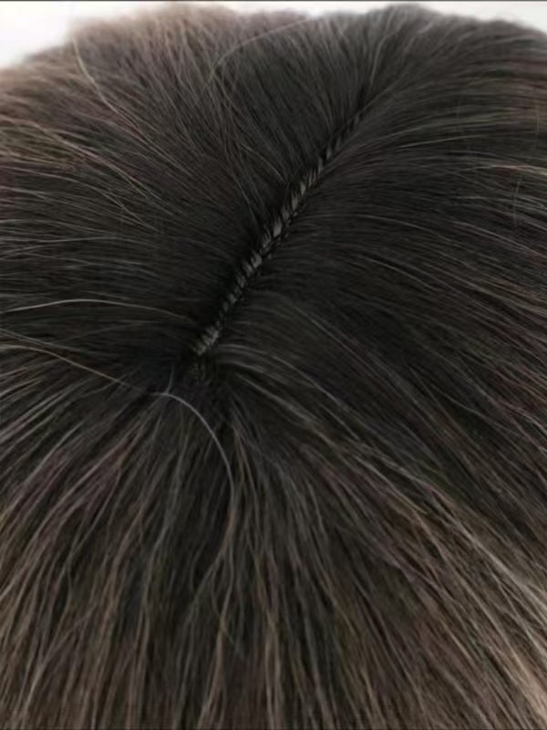 Close-up of LUNIVA CARE USA short wavy synthetic wig with bangs showing realistic hair texture and parting