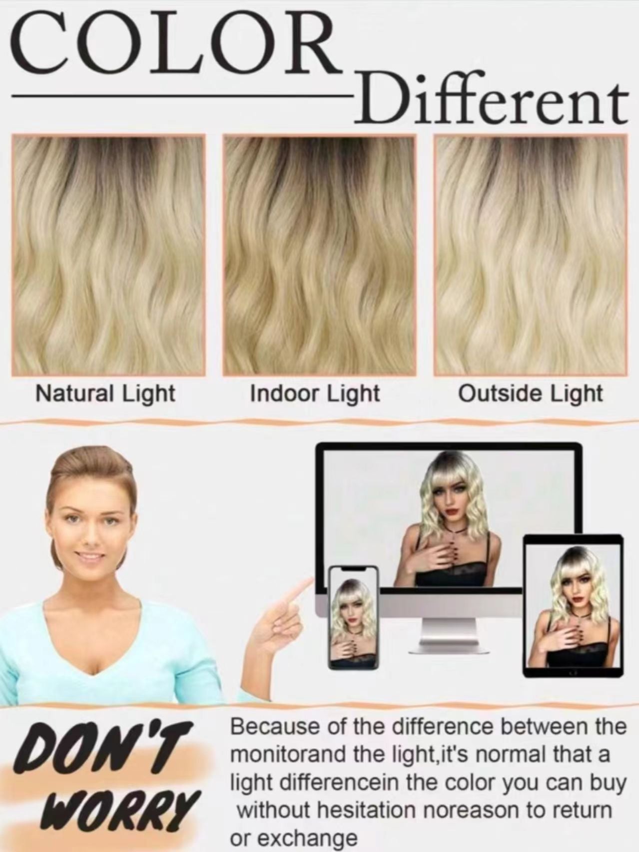 Luniva Care USA short wavy synthetic wig with bangs shown in different lighting and on digital screens