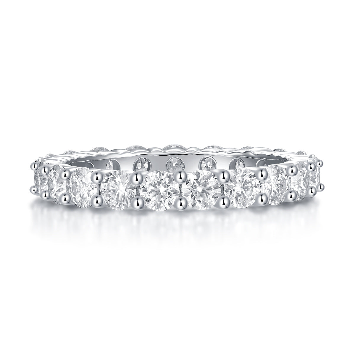 925 sterling silver moissanite ring with round-cut stones in an elegant eternity band design