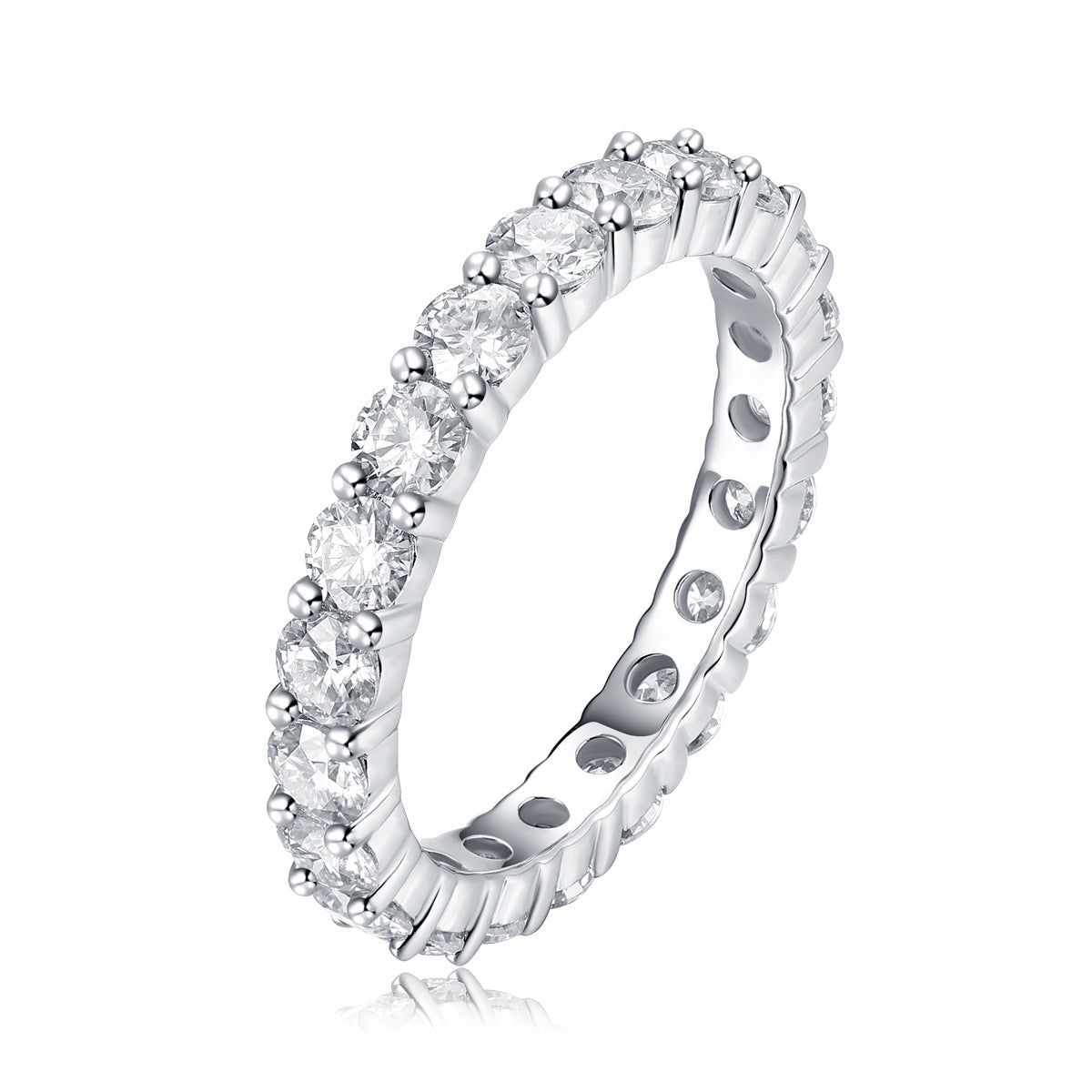 925 sterling silver moissanite ring with round cut stones in an eternity band design