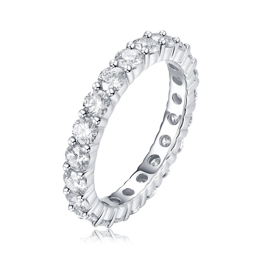 925 sterling silver moissanite ring with round cut stones in an eternity band design