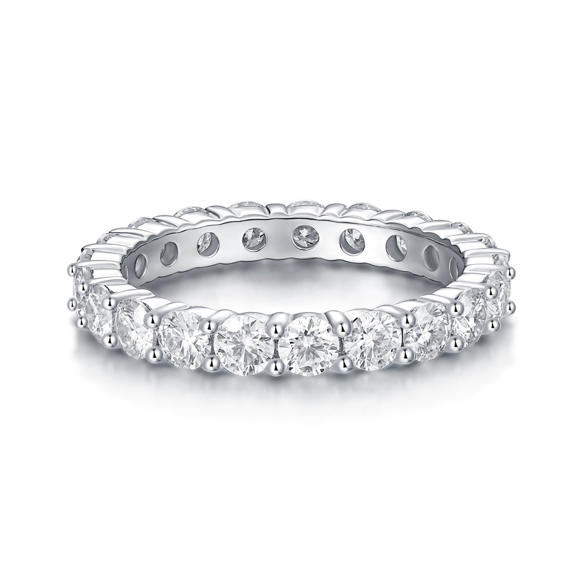 Elegant 925 sterling silver moissanite ring with round-cut stones in an eternity band design