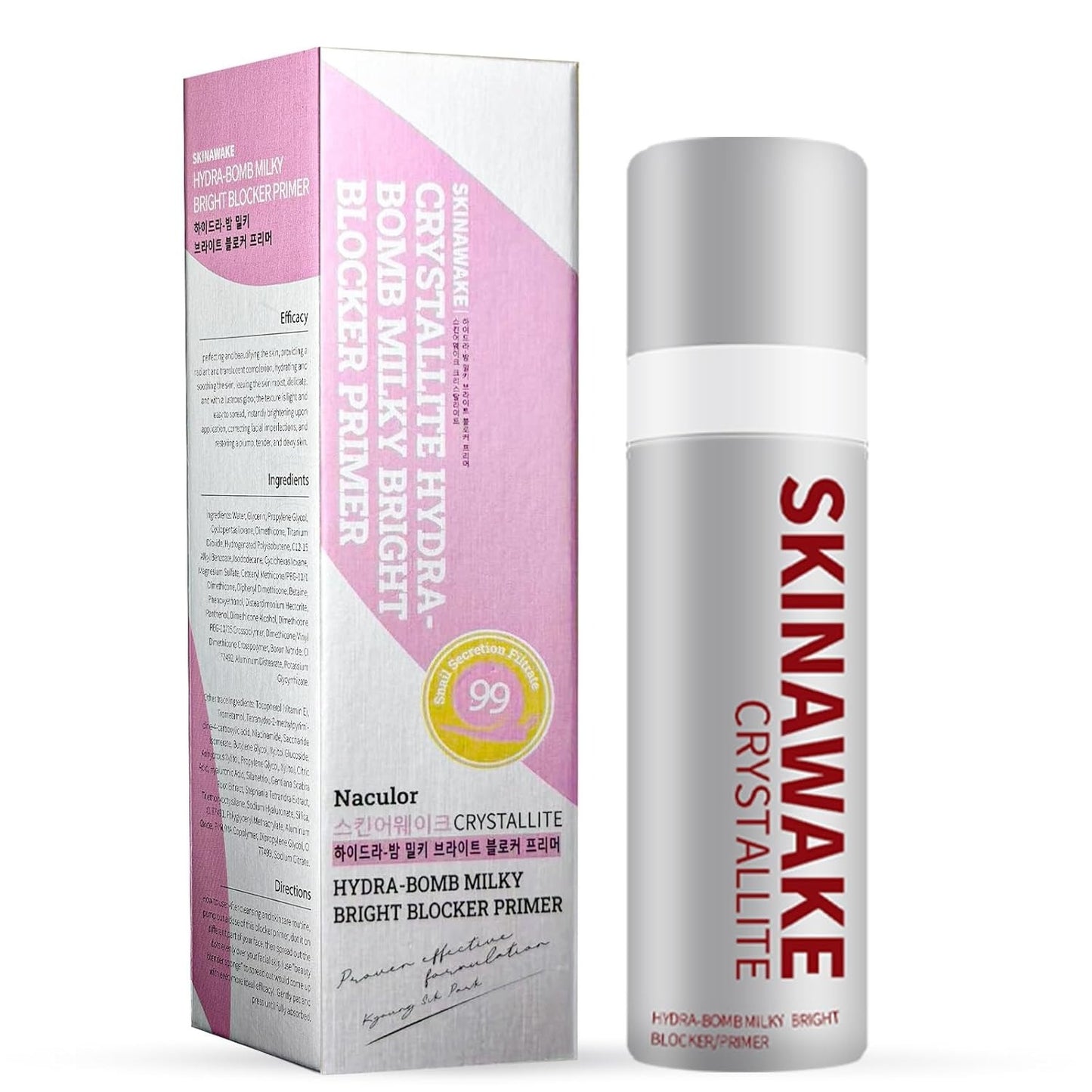 LUNIVA CARE USA brightening foundation with vitamin B5 Hydra-Bomb Milky Bright Blocker Primer in sleek silver bottle with pink and white box