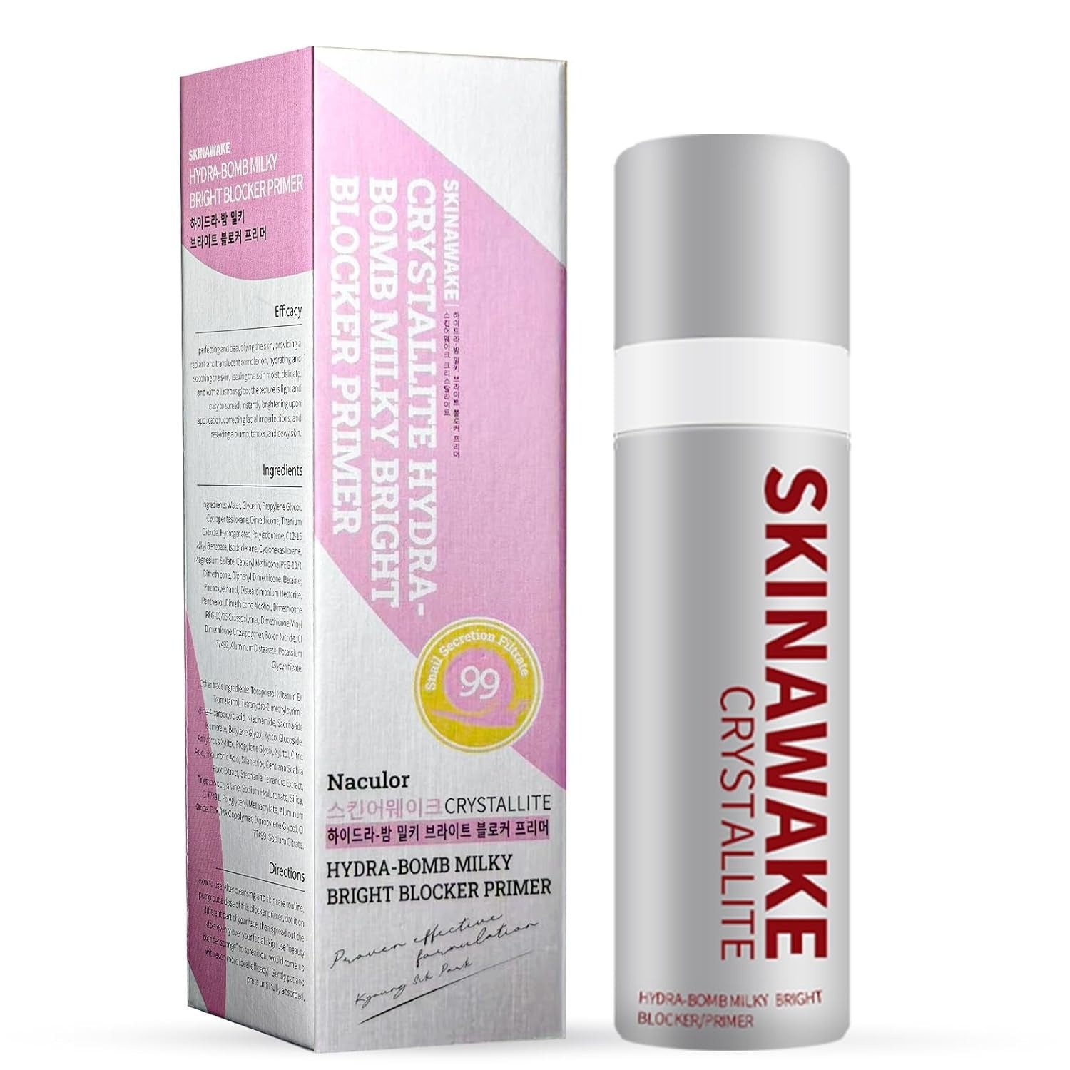 LUNIVA CARE USA brightening foundation with vitamin B5 Hydra-Bomb Milky Bright Blocker Primer in sleek silver bottle with pink and white box
