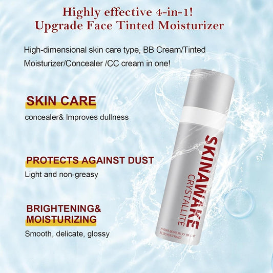 Luniva Care USA Skinawake Crystalline brightening foundation with vitamin B5 moisturizing tinted moisturizer bottle on blue background