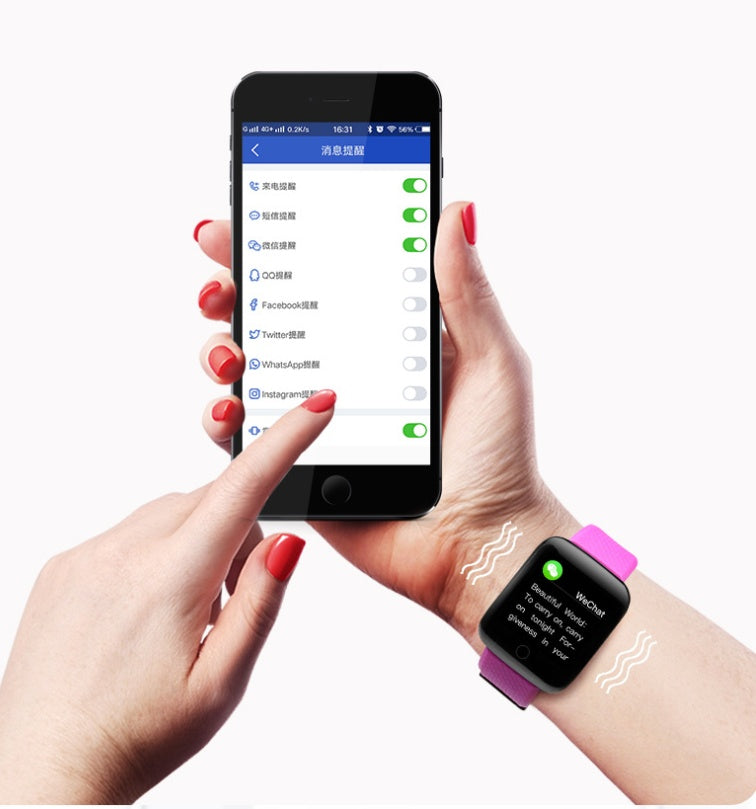 LUNIVA CARE USA smart fitness band with purple strap showing health data paired with phone app activity tracker with heart and blood pressure sensor