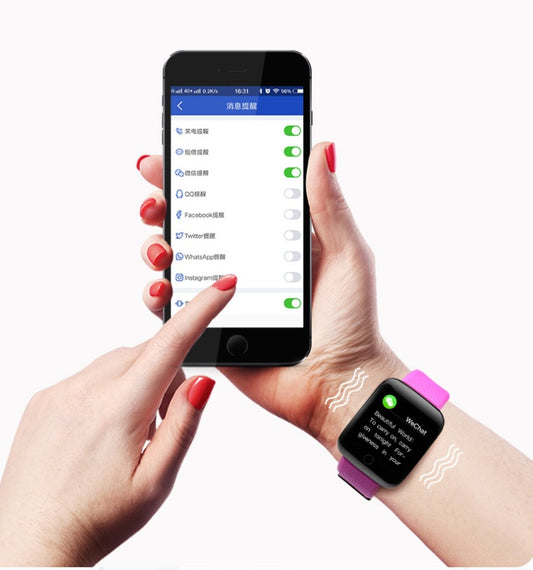 LUNIVA CARE USA smart fitness band with purple strap showing health data paired with phone app activity tracker with heart and blood pressure sensor