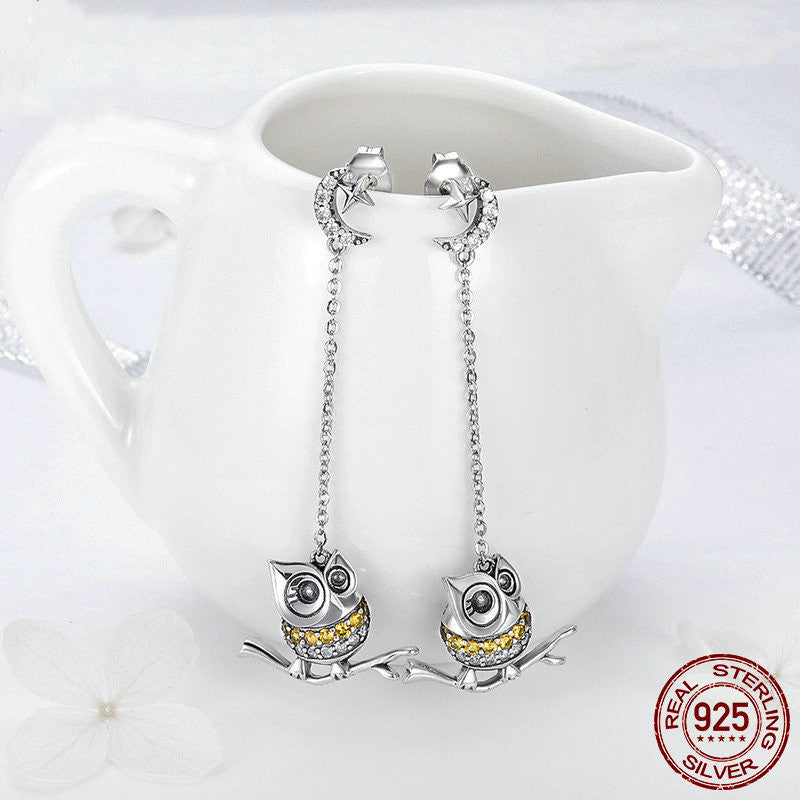 14K gold electroplated long owl earrings with sterling silver and yellow stones on chain
