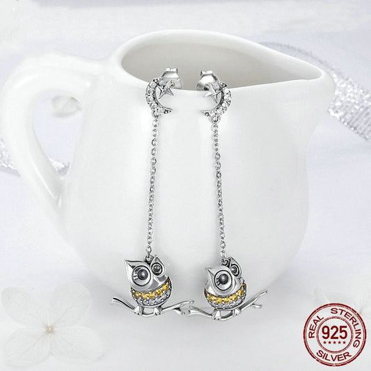 14K gold electroplated long owl earrings with sterling silver and yellow stones on chain