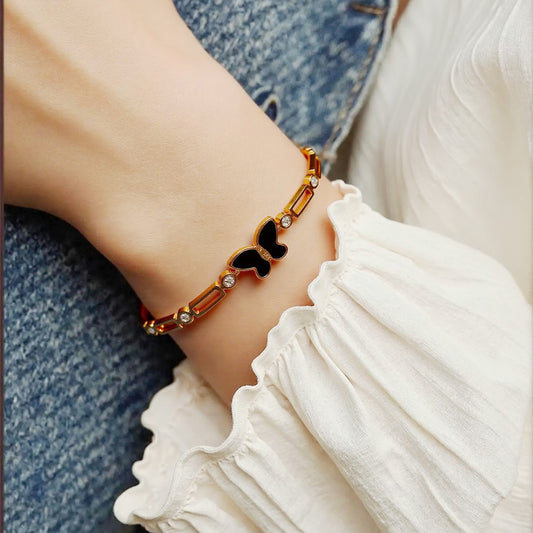 LUNIVA CARE USA minimalist gold cuff bracelet with black butterfly charm and crystals unique gift jewelry for her