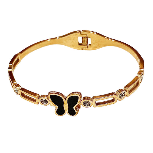 Gold cuff bracelet with black butterfly and gemstone accents unique gift jewelry for her