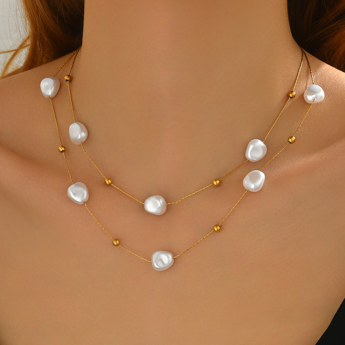 LUNIVA CARE USA 18K gold plated pearl necklace with irregular white pearls and gold beads on layered chains